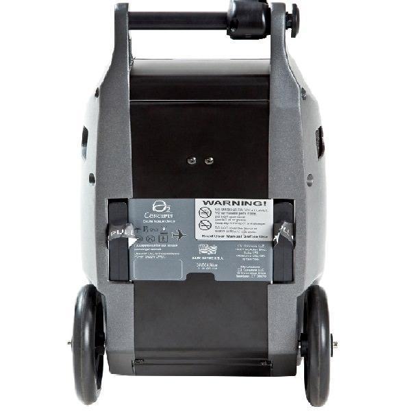Stock photo of the back of O2 concepts OxLife portable oxygen concentrator with two replacement wheels