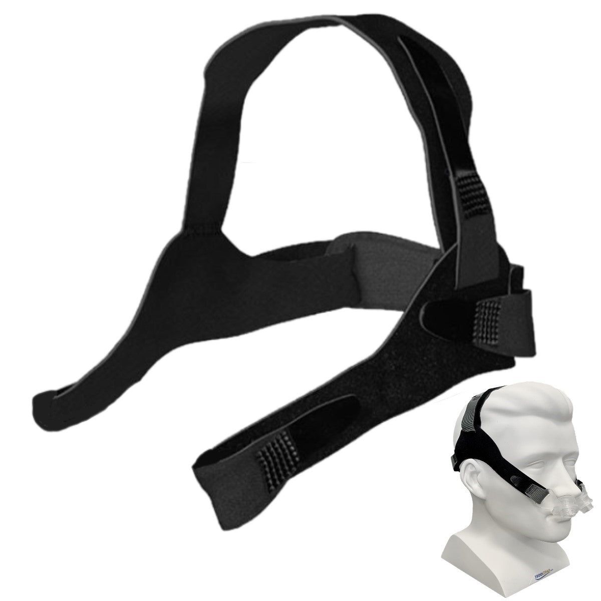 Stock Angled Image of Bryggs Medical's ULTepap Replacement Headgear W/ Small Angled Image of Mannequin Head Wearing Bryggs Medical's ULTepap Starter Kit W/ Headgear