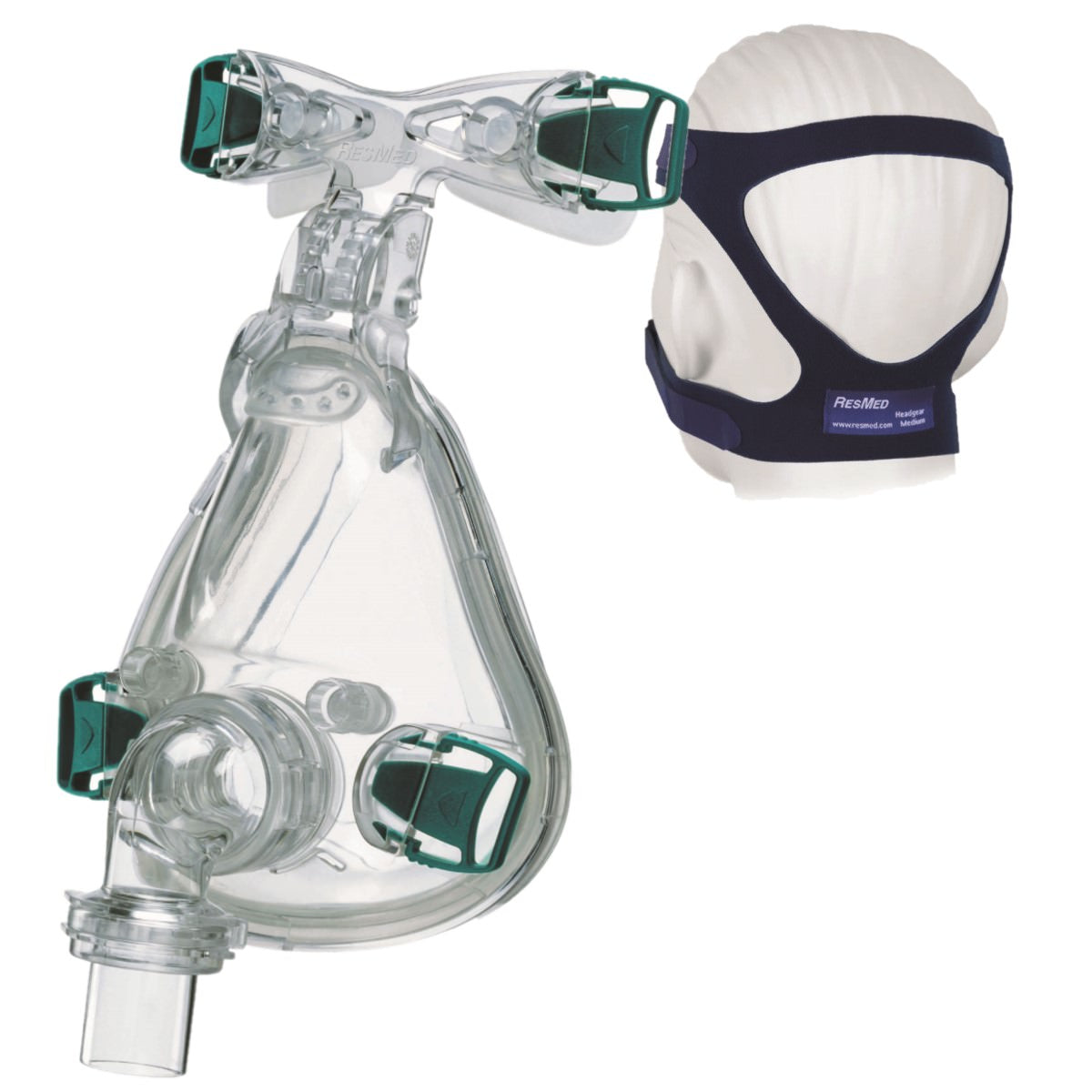 Stock Angled Image of ResMed's Ultra Mirage Full Face Mask Frame W/O Headgear &n Back View of Mannequin Head Wearing ResMed Universal Headgear