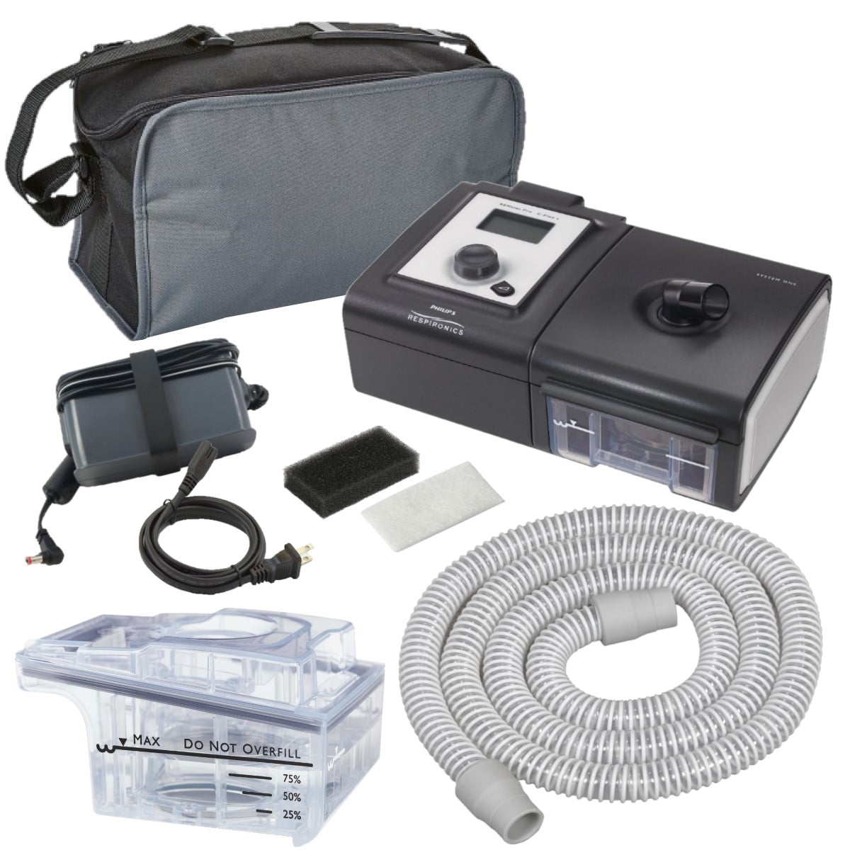 Stock photo of Philips Respironics refurbished REMStar CPAP machine, machine bag, power cord, filters, water chamber, and tubing