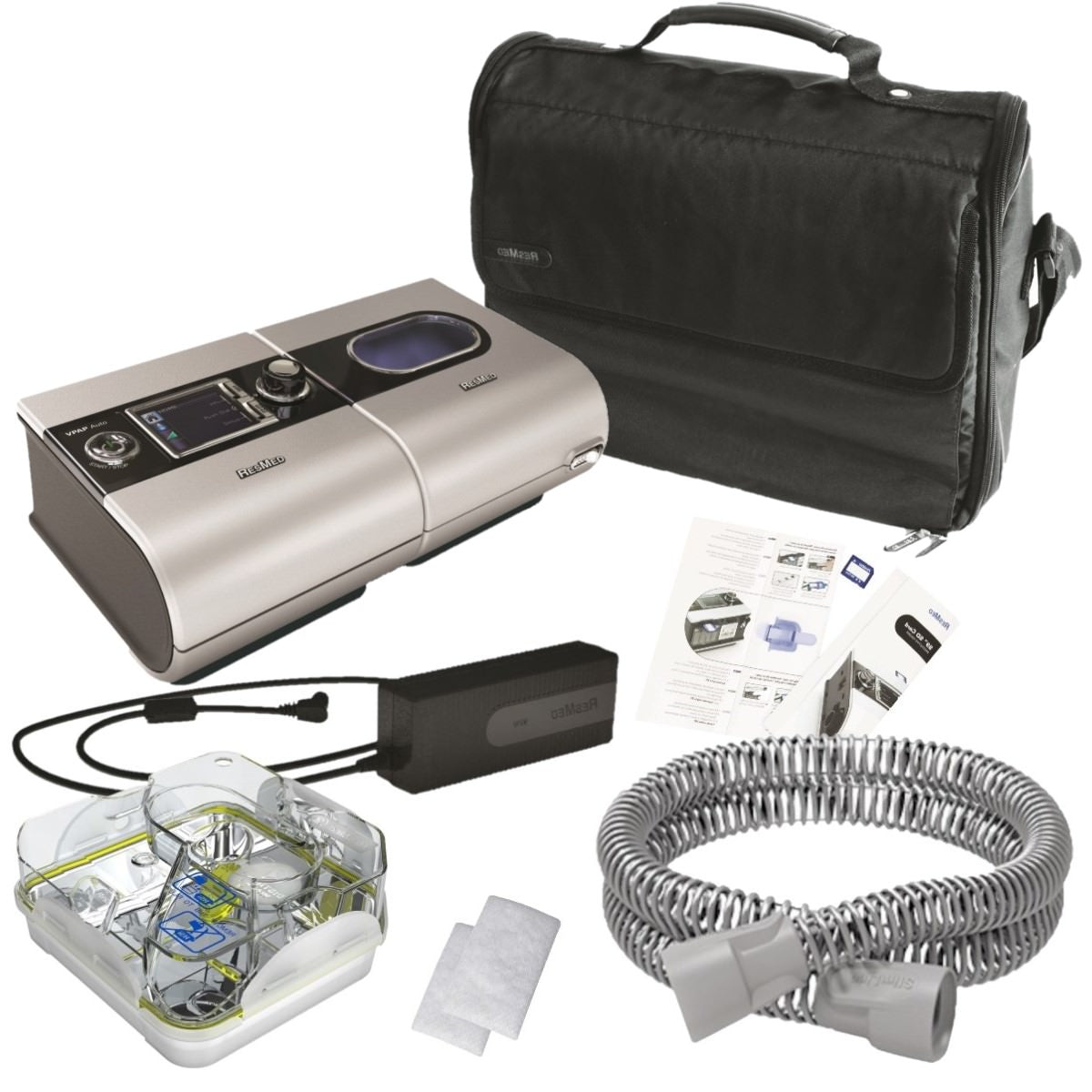 Stock photo of ResMed refurbished S9 AutoSet CPAP machine, machine bag, power cord, filters, water chamber, tubing, and SD card