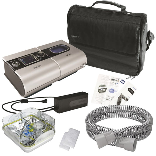 Stock photo of ResMed refurbished S9 AutoSet CPAP machine, machine bag, power cord, filters, water chamber, tubing, and SD card