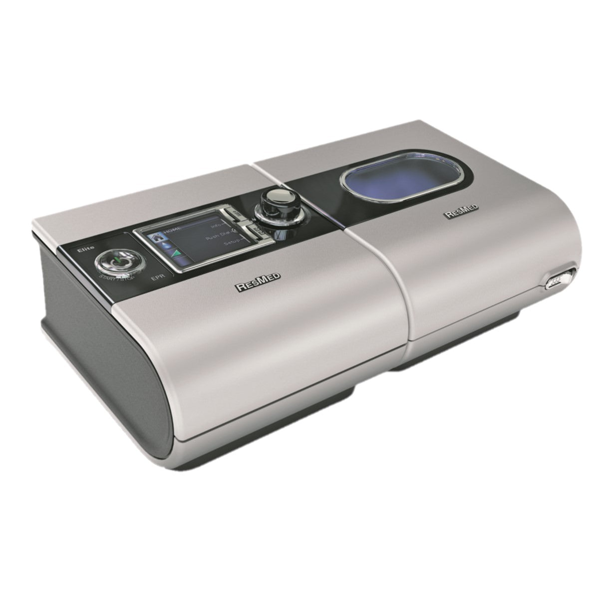Stock Angled Image of ResMed's Certified Refurbished S9 Elite CPAP Machine W/ H5i Heated Humidifier