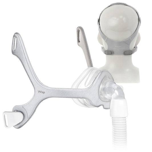 Side View of Philips Respironics Wisp Nasal CPAP Mask W/O Headgear & Back View of Mannequin Wearing PR's Wisp Nasal Headgear