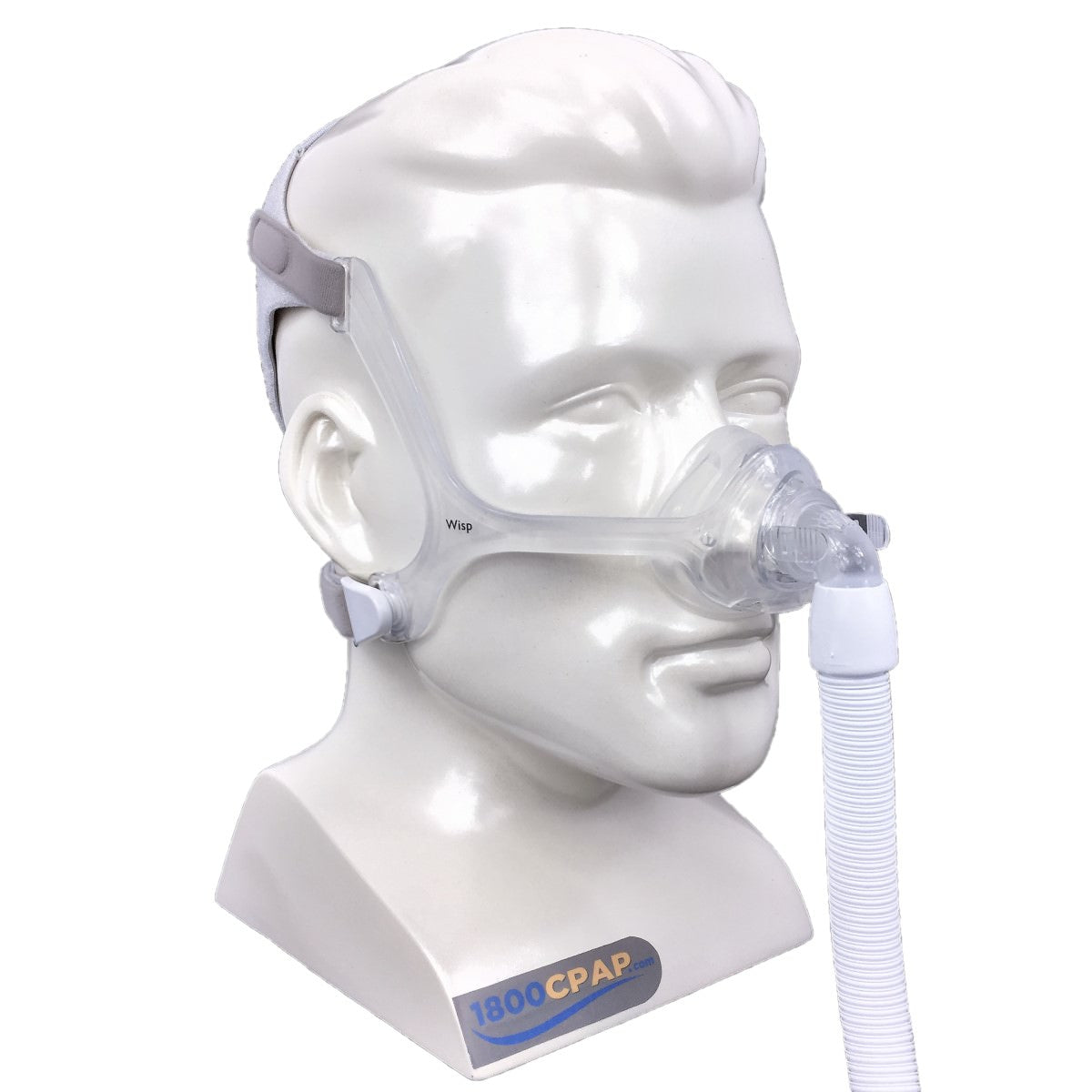 Angled View of Mannequin Head Wearing Philip Respironics Wisp Nasal CPAP Mask W/ Headgear