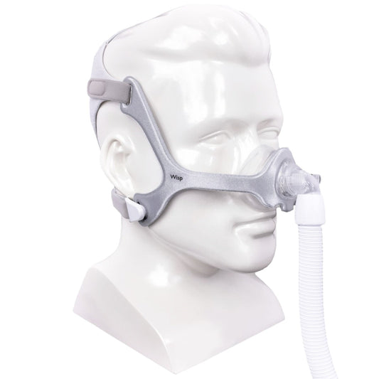 Angled View of Philips Respironics Wisp Nasal Fabric CPAP Mask W/ Headgear on Mannequin Head