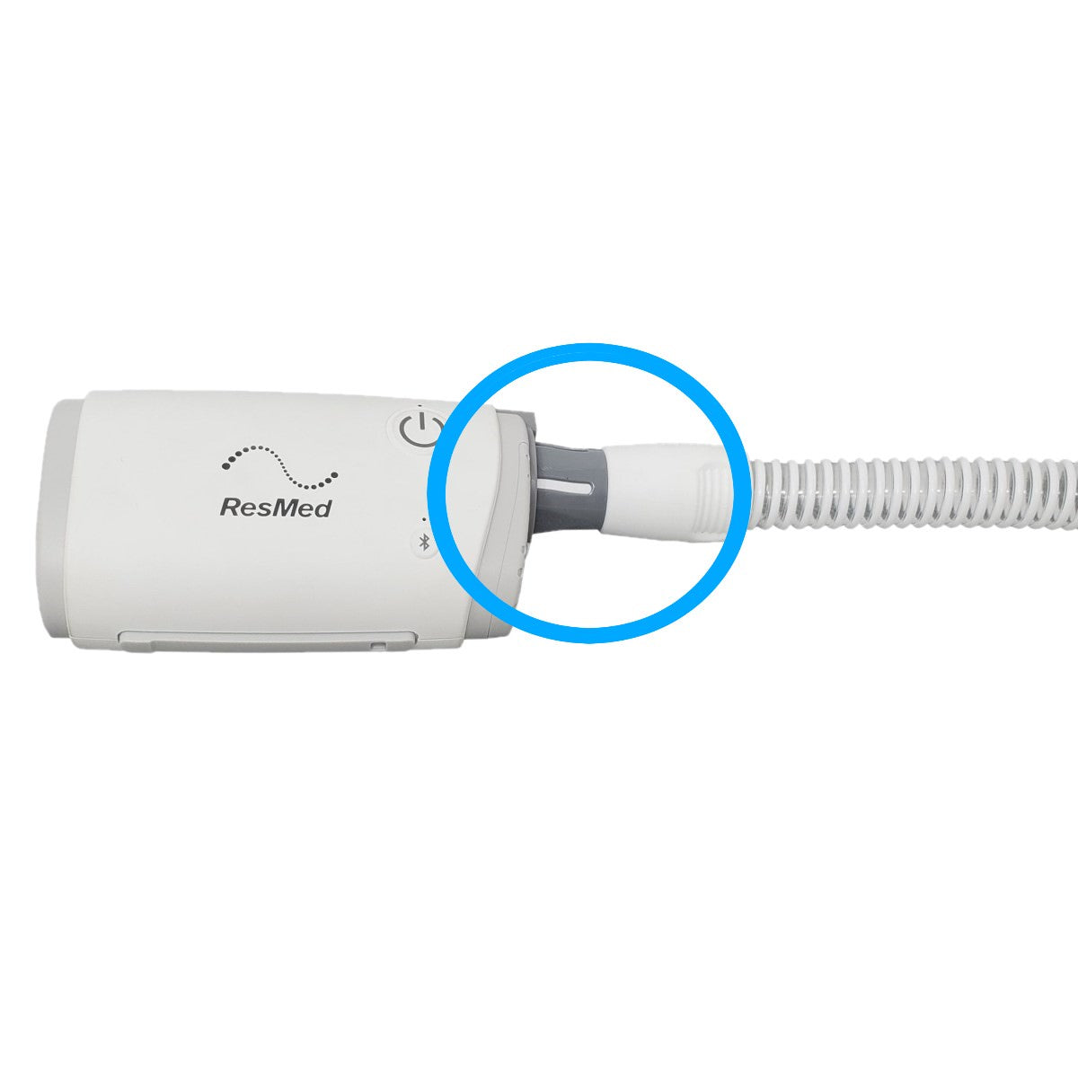Stock image of ZephAir ResMed AirMini hose adapter connected to a ResMed AirMini machine
