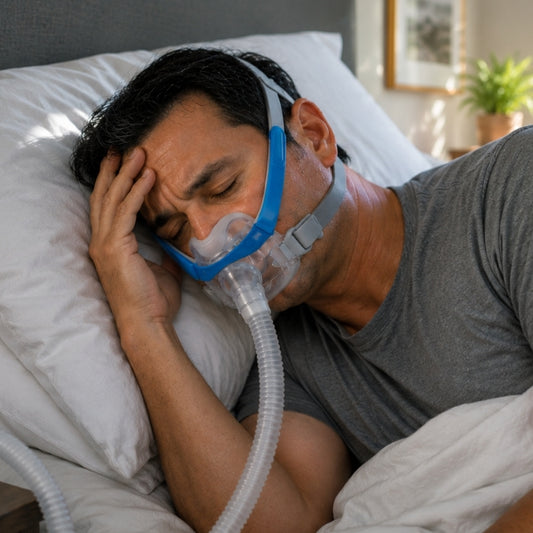 Man in bed wearing a CPAP mask, looking distressed.