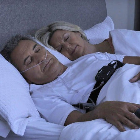 Stock Image of Man Sleeping Wearing a Home Sleep Test Next to Partner in Bed