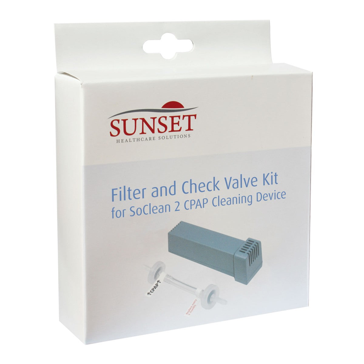 Sunset Healthcare Solutions Filter and Check Valve Kit packaging on a white background