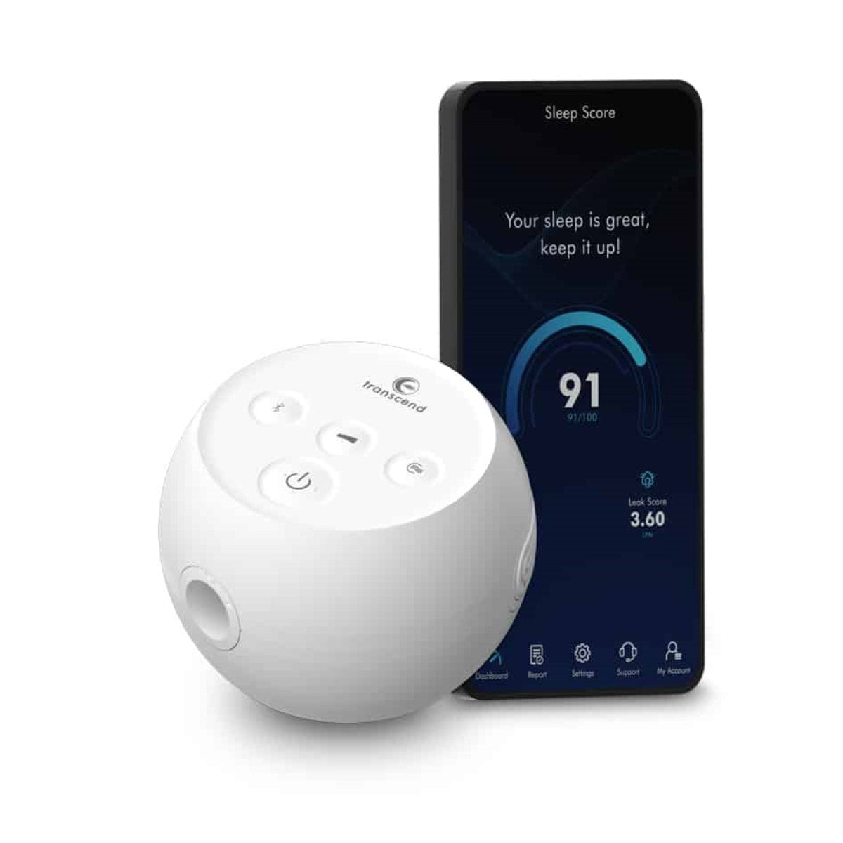 Stock photo of Transcend Micro Auto Travel CPAP machine and phone app