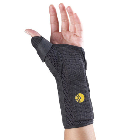 Stock photo of 8 inch Corflex Ultra Fit Cool Wrist splint with thumb on left hand 