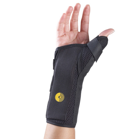 Stock photo of Corflex Ultra Fit Cool Wrist Splint with ABD Thumb on Right Hand