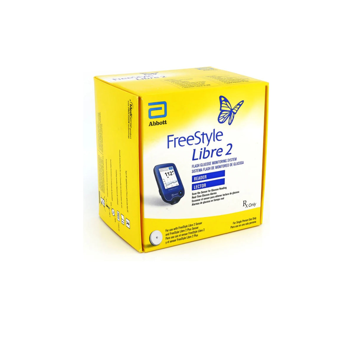 Yellow box of Abbott FreeStyle Libre 2 device on a white background