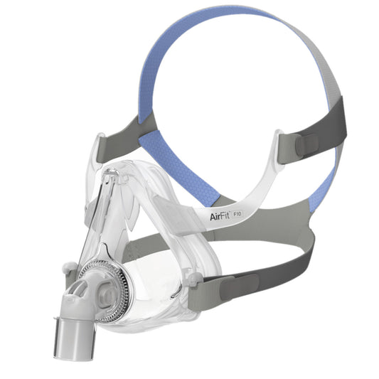 Left facing stock image of ResMed AirFit F10 full face CPAP mask with headgear