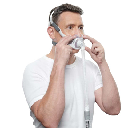 Man Fitting Himself W/ ResMed's AirFit F40 Full Face CPAP Mask W/ Headgear 