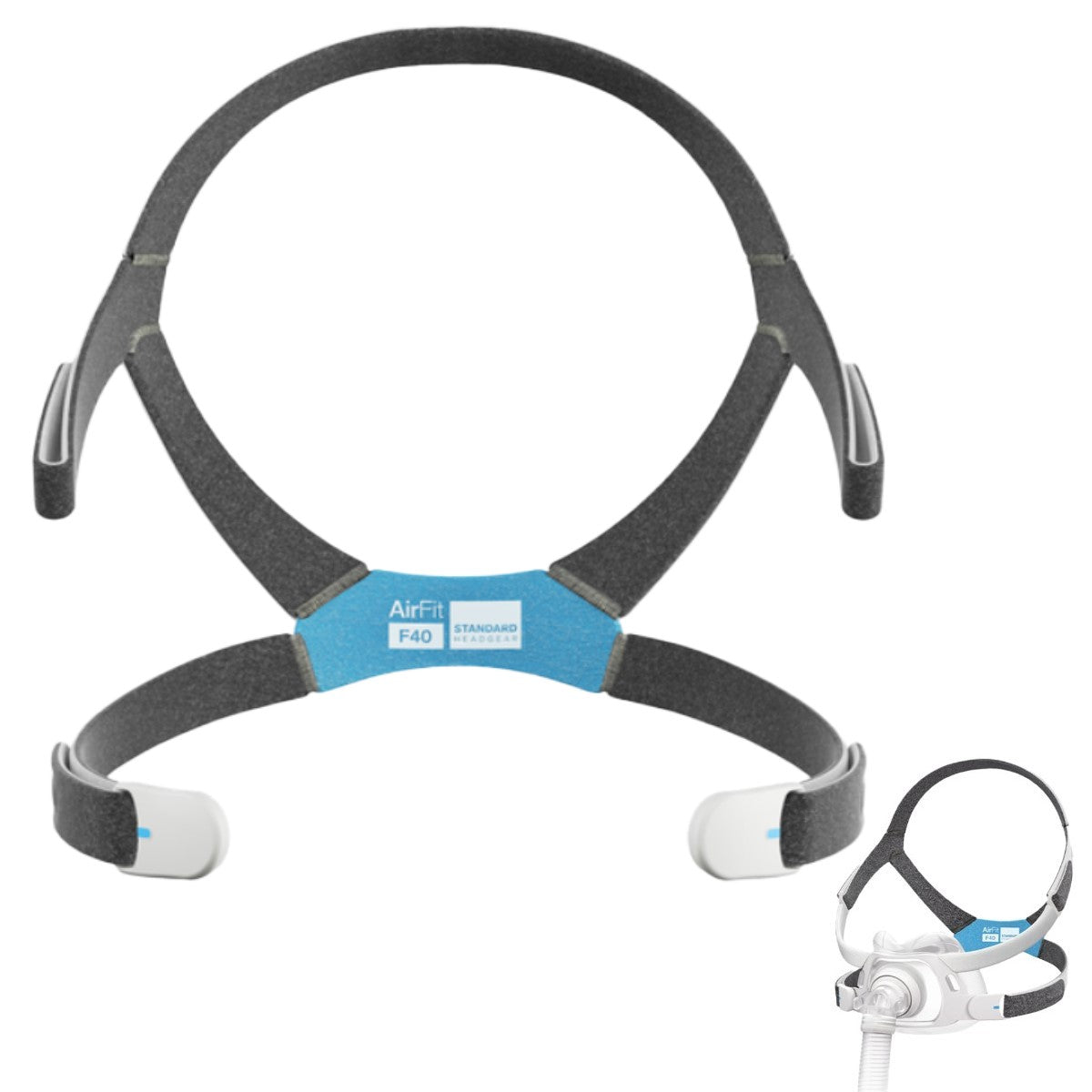 Front View of ResMed's AirFit F40 Standard Replacement Headgear W/ Small Angled View of ResMed's AirFit F40 Full Face CPAP Mask W/ Headgear 