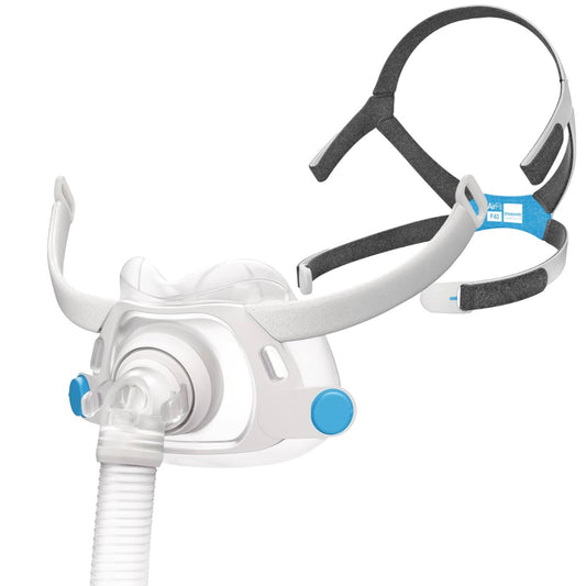 Angled Views of ResMed's AirFit F40 Full Face CPAP Frame & Cushion W/ Angled View of ResMed's AirFit F40 Standard Replacement Headgear