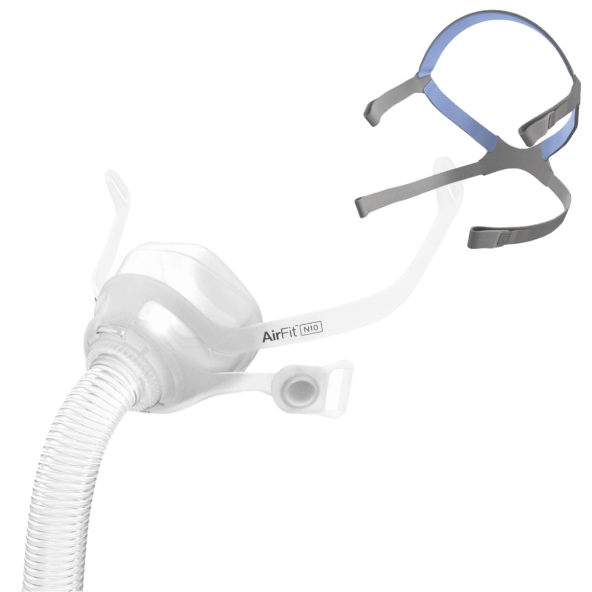 Stock photo of ResMed AirFit N10 nasal CPAP machine with headgear