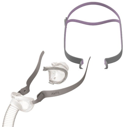Stock photo of ResMed AirFit P10 for Her CPAP mask, cushion, and headgear