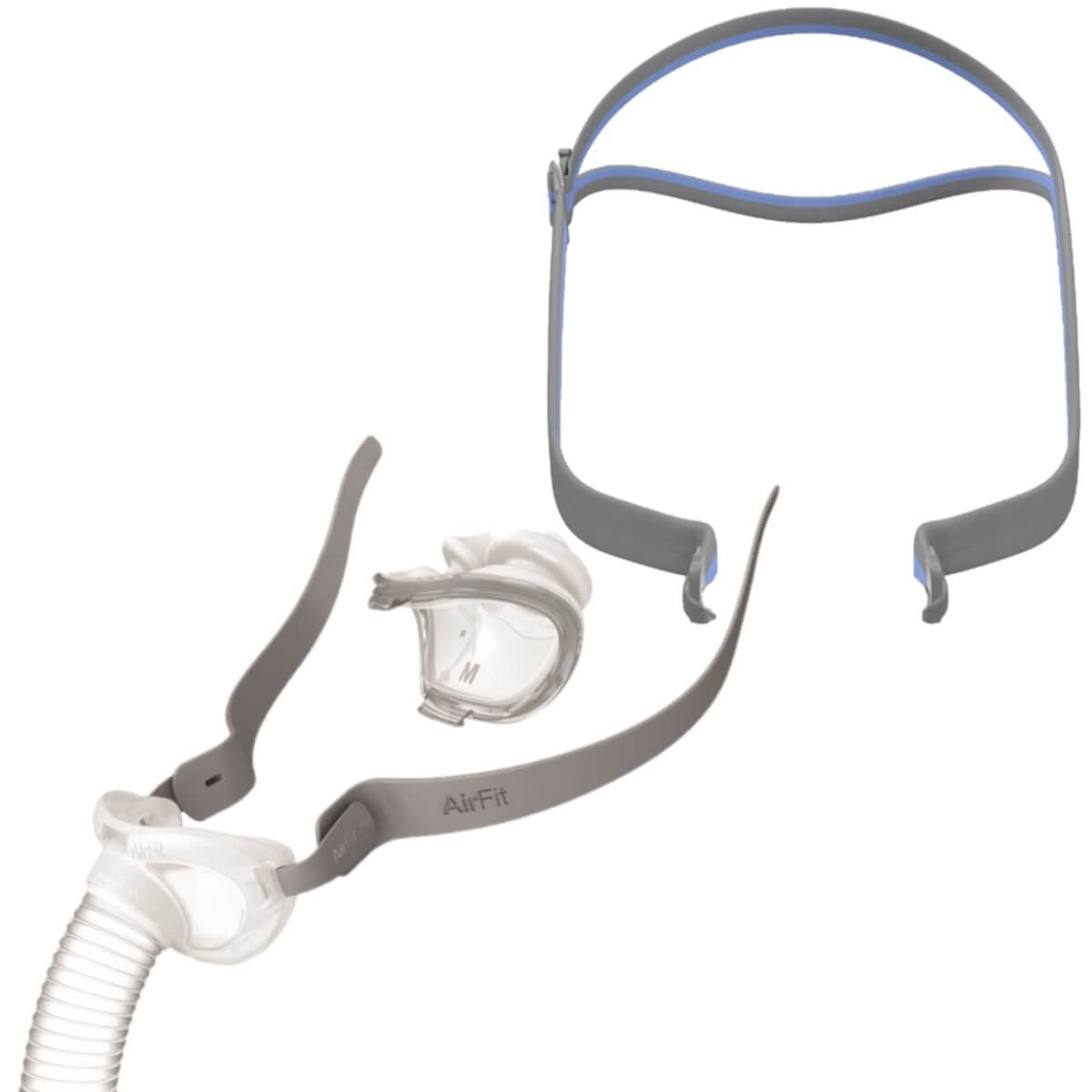 Stock Image of ResMed AirFit P10 Nasal Pillow CPAP Mask W/ Headgear - Pieced Apart