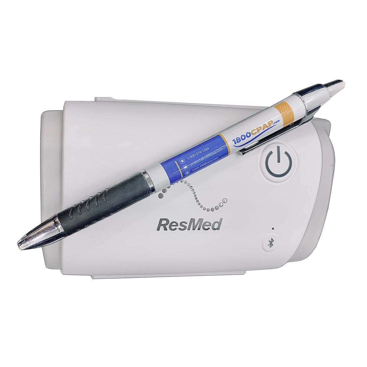 Stock photo of ResMed AirMini AutoSet Travel CPAP Machine with pen for comparison