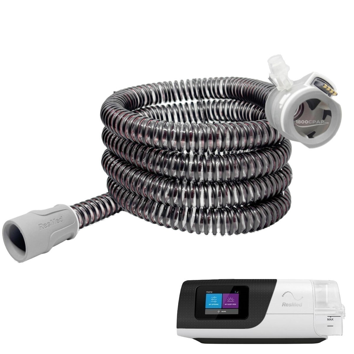 ResMed CPAP machine with hose on a white background