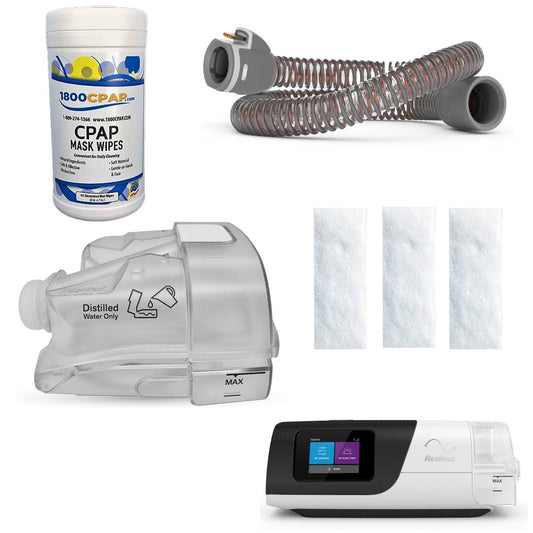 Stock photo of ResMed AirSense 11 Replacement Supply Bundle Kit, including CPAP mask wipes, tubing, water chamber, and filters
