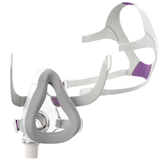 Stock photo of ResMed AirTouch F20 full face CPAP mask with optional headgear