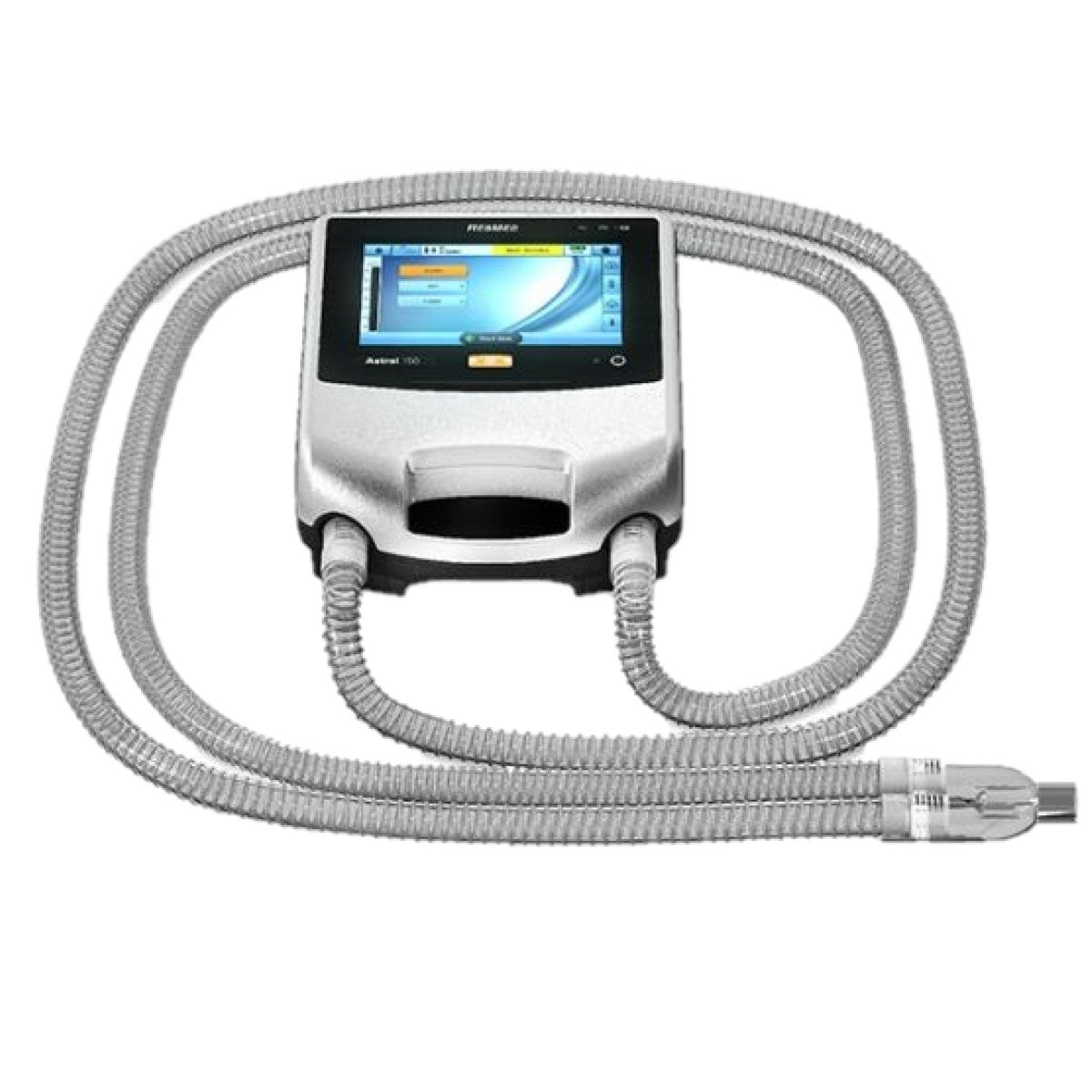 Stock photo of ResMed Certified Refurbished Astral 150 Portable Ventilator with tubing attached to it