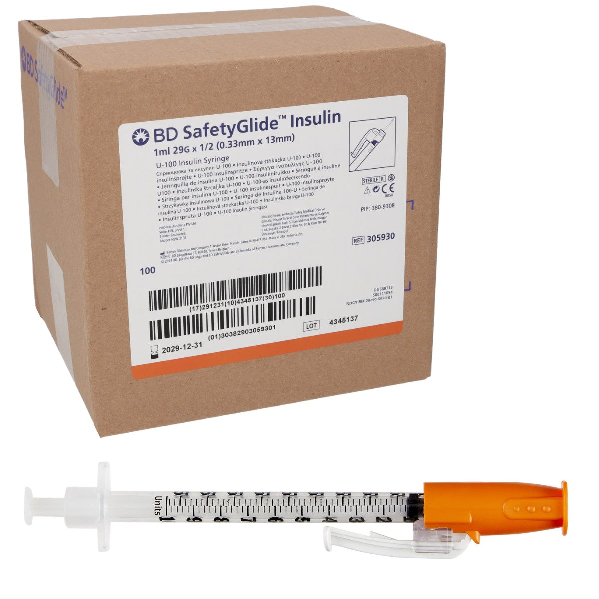 BD SafetyGlide insulin syringe packaging with a single syringe on a white background