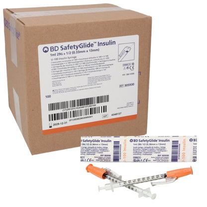 Box of BD SafetyGlide Insulin with two insulin pens on a white background