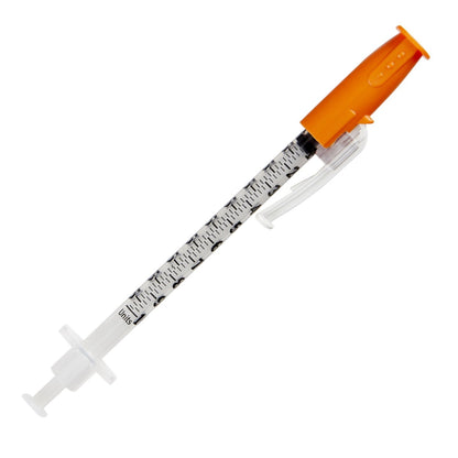 Medical syringe with an orange plunger on a white background