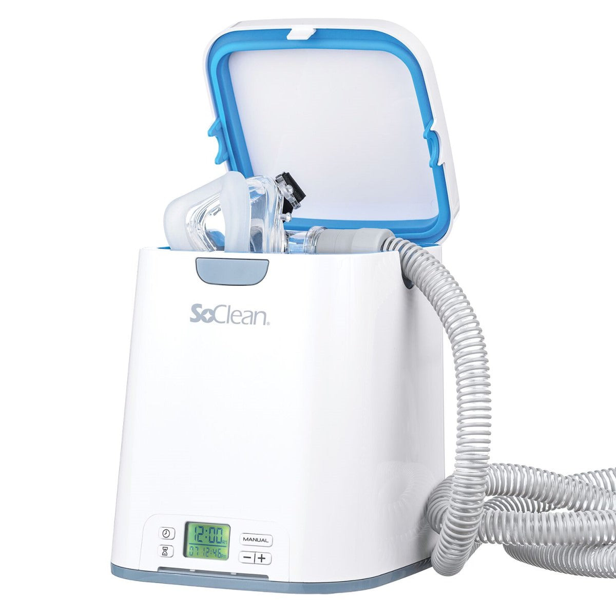 Stock photo of SoClean 2 CPAP Cleaner and Sanitizer with CPAP mask and Tubing in it