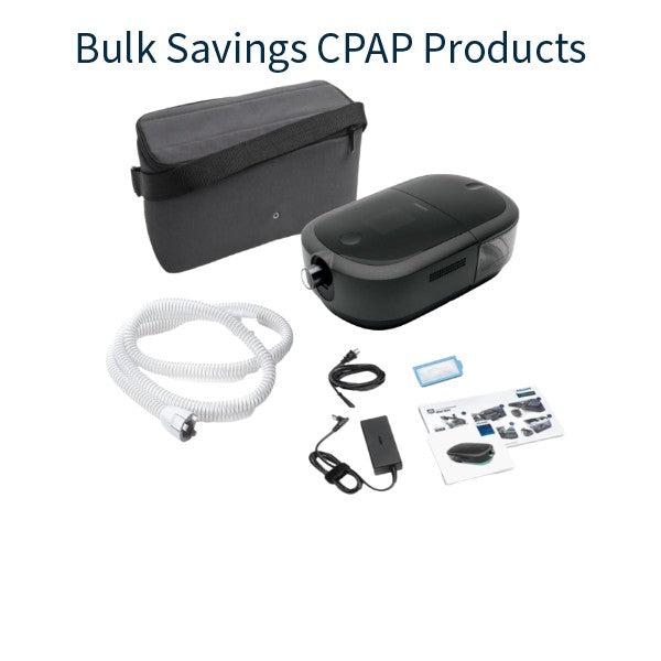 CPAP product set with accessories on a white background, labeled 'Bulk Savings CPAP Products'.