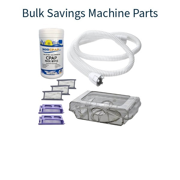 Collection of CPAP machine parts including a hose, filter, and wipes on a white background.