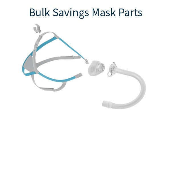 CPAP mask parts on a white background with text 'Bulk Savings Mask Parts'.