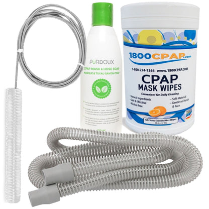 Stock photo of 1800CPAP.com CPAP Cleaning Supply Bundle, including wipes, CPAP mask soap, tube brush, and tubing