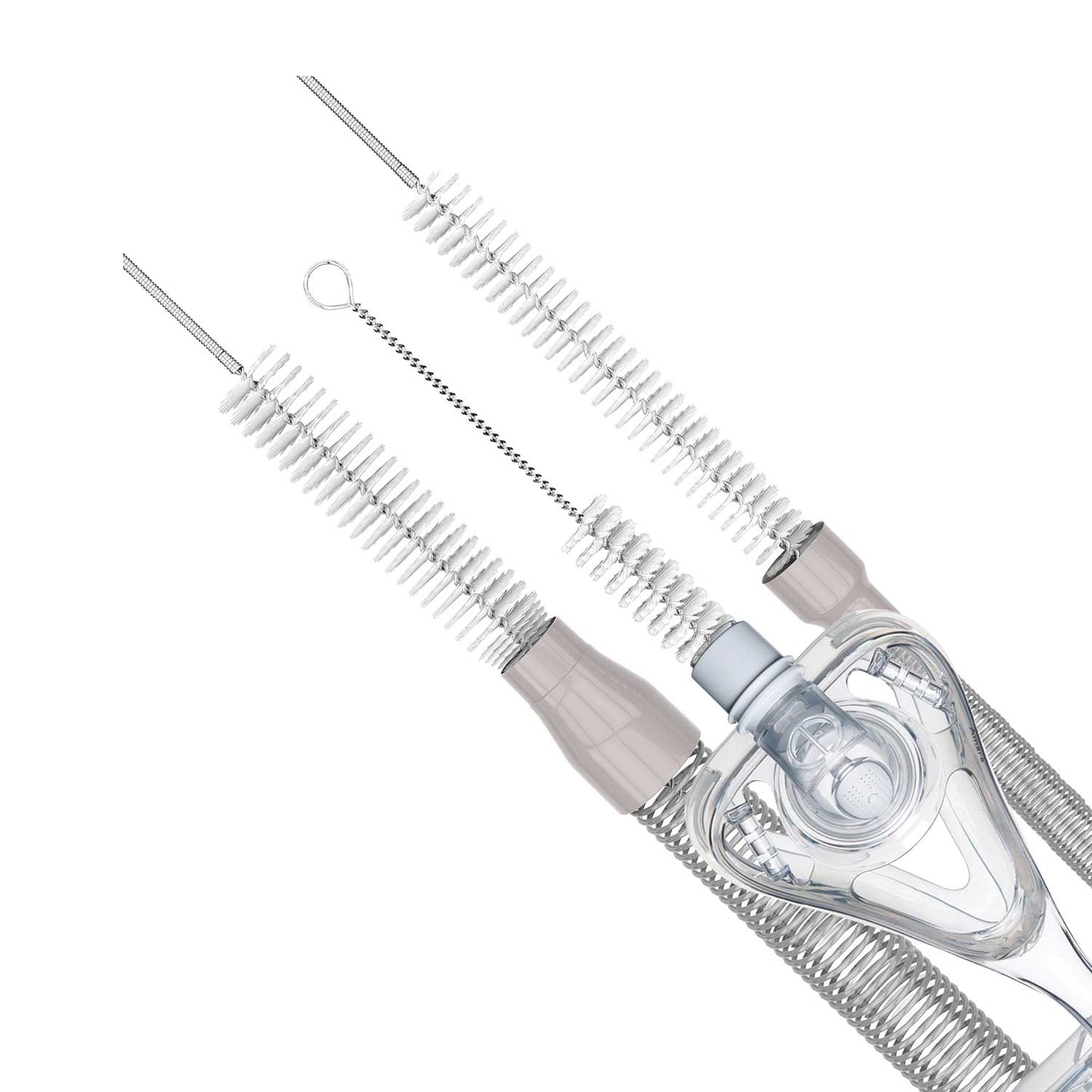 Stock photo of CPAPhero CPAP mask tube cleaning brush inside CPAP mask and tubing