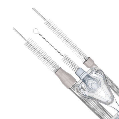 Stock photo of CPAPhero CPAP mask tube cleaning brush inside CPAP mask and tubing