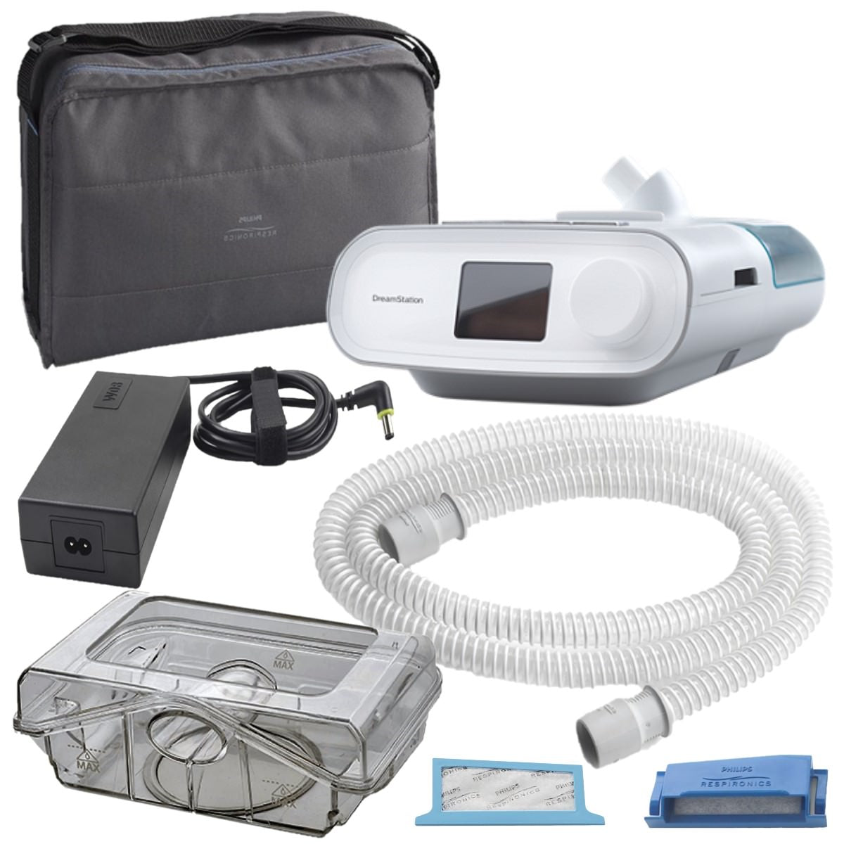 Stock photo of Philips Respironics DreamStation Auto BiPAP Machine, machine bag, power cord, water chamber, tubing, and filters