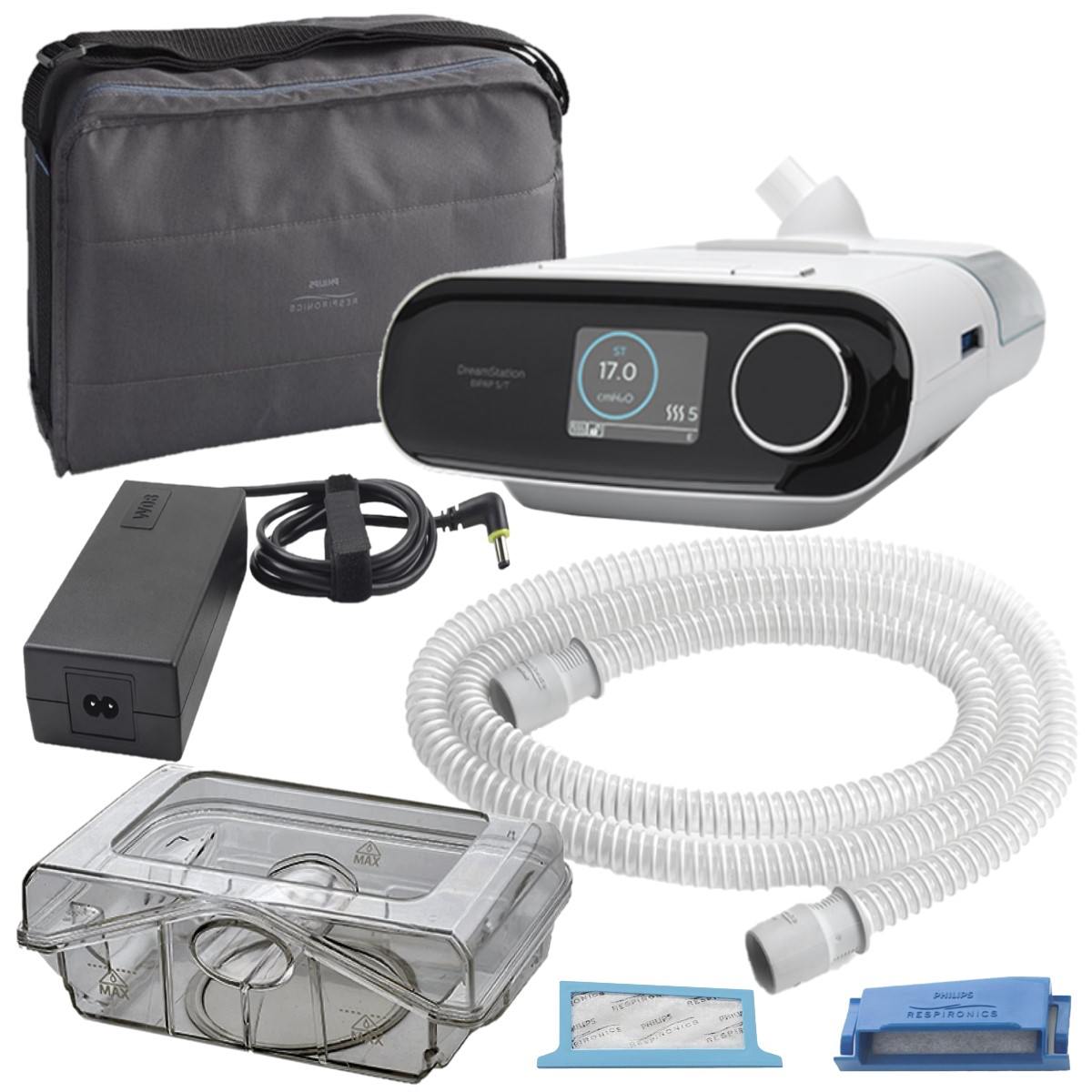 Stock photo of Philips Respironics DreamStation BiPAP ST Machine with heated humidifier, tubing, water chamber, power cord, machine bag, and filters