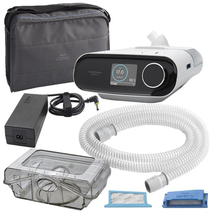 Stock photo of Philips Respironics DreamStation BiPAP ST Machine with heated humidifier, tubing, water chamber, power cord, machine bag, and filters