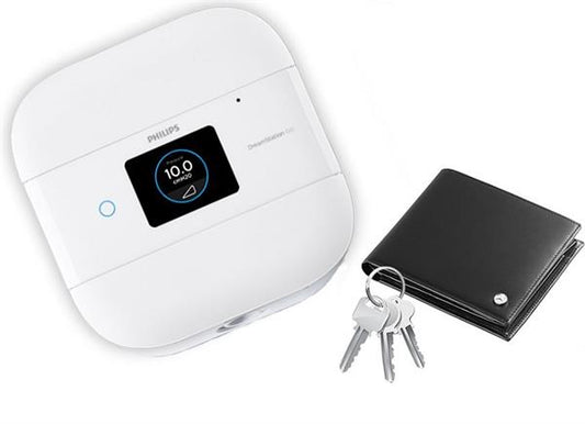 Stock Image of Philips Respironics DreamStation Go Auto Travel CPAP Machine W/ Wallet for Size Comparison