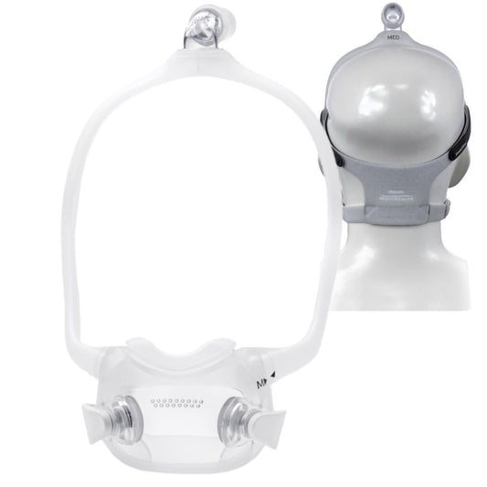 Floating Image of Philips Respironics DreamWear Full Face Mask W/ Medium Cushion & the Back of a Mannequin Head Wearing a DreamWear Full Face Mask W/ Headgear