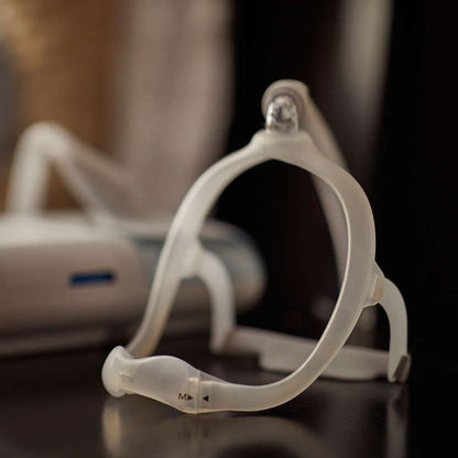 Stock Image of Philips Respironics DreamWear Nasal CPAP Mask W/ Headgear & DreamStation CPAP Machine in Background