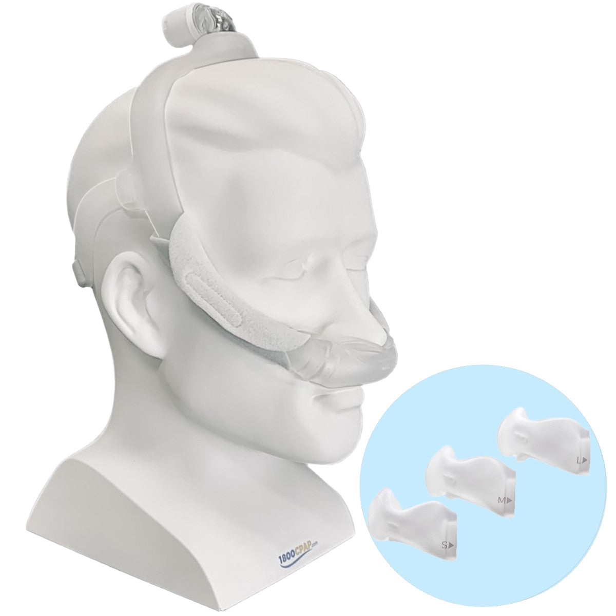 Angled View of Mannequin Head Wearing Philips Respironics DreamWear Nasal Mask W/ Headgear & All Sizes