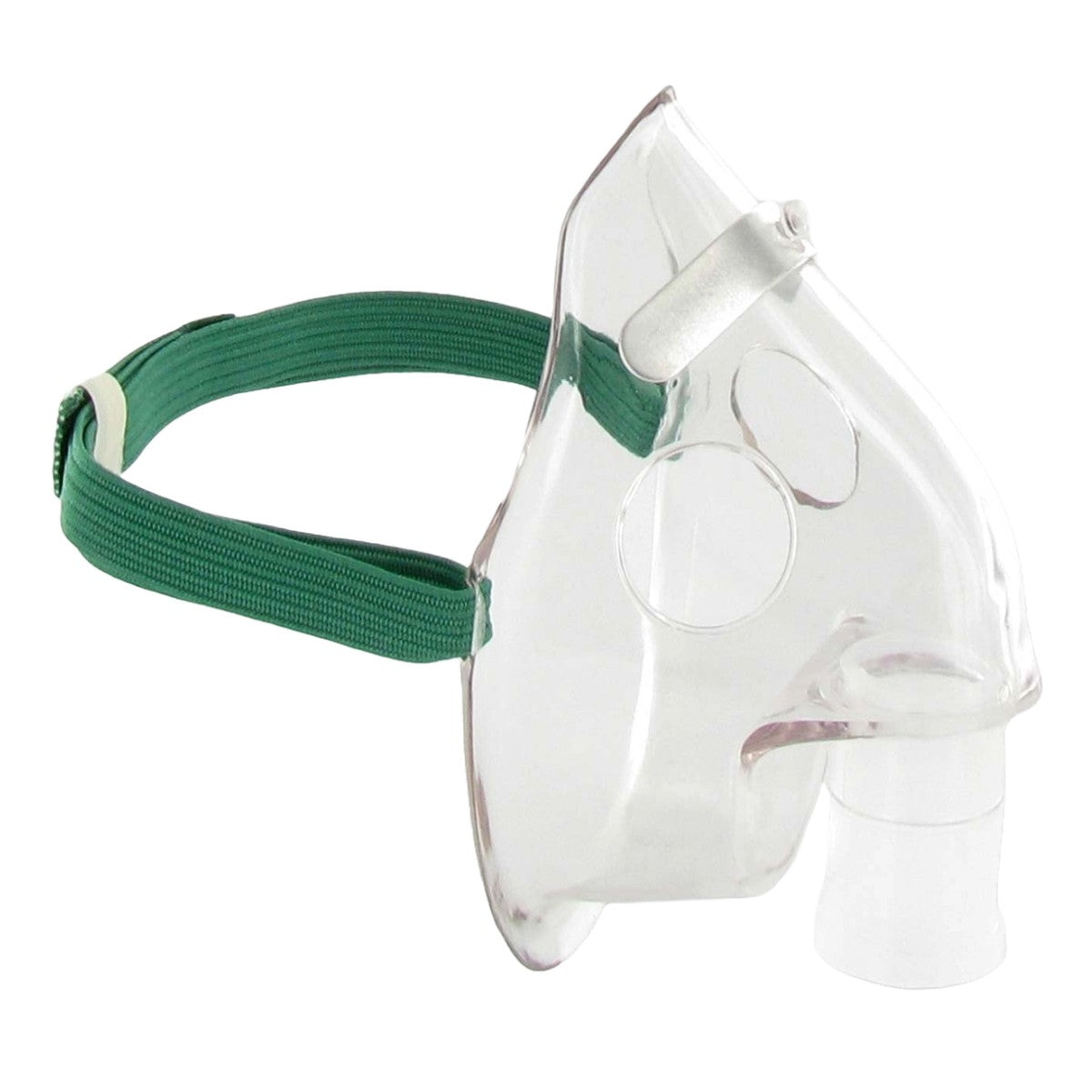 Clear face mask with green strap on a white background