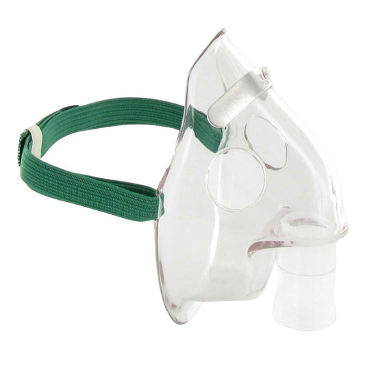 Clear face mask with green strap on a white background