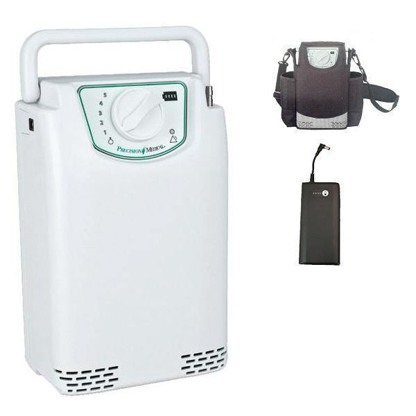 Stock photo of Precision Medical EasyPulse POC Portable Oxygen Concentrator, carrying bag, and battery
